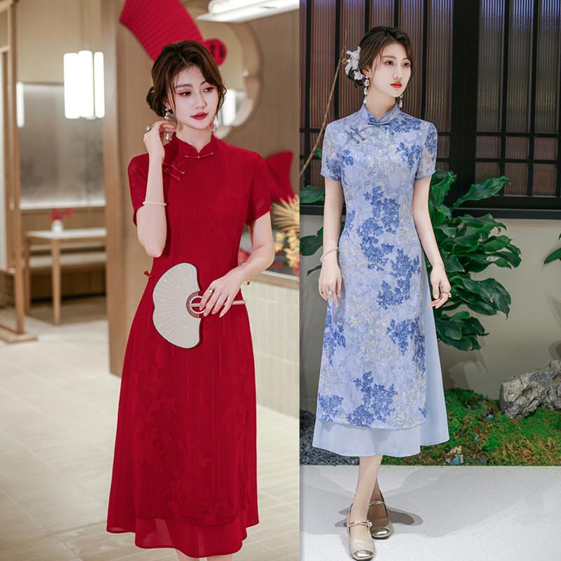 Fashion loose version long Aodai cheongsam dress women's 1011 summer new item covering meat and looking thin daily wear dress