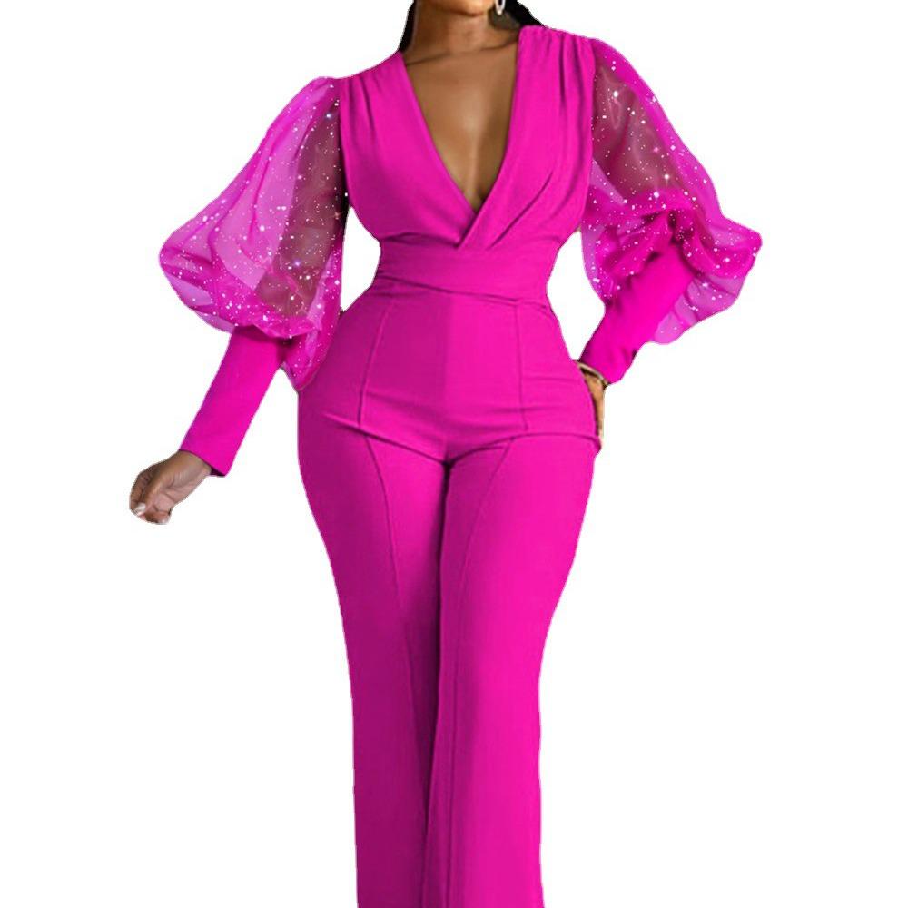 2022 Fall/Winter Women's European & American Style Mesh Spliced Long-Sleeve Slim Wide-Leg Jumpsuit