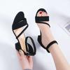 Flat heel black sandals women's summer flat bottom medium heel low heel versatile 2025 new one-word buckle pearl thick heel women's shoes