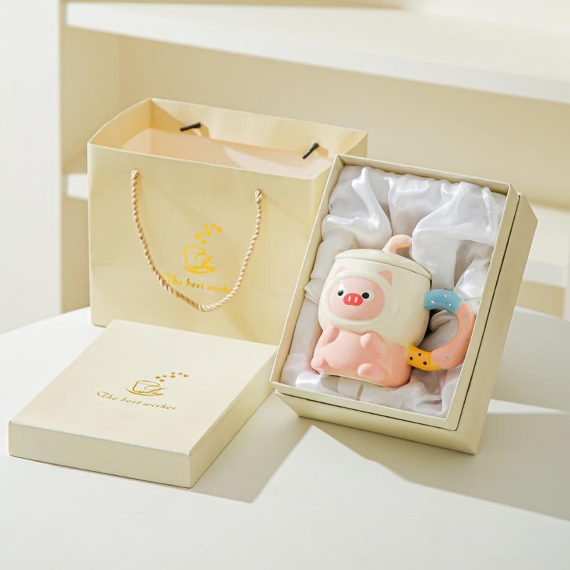 Cute cute cartoon piggy ceramic mug with lid for girls' birthday girlfriends practical souvenir gift box
