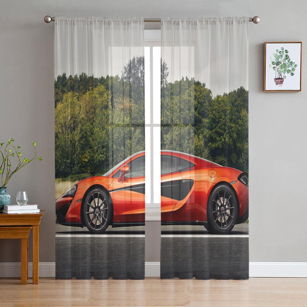 City Sports Car Sheer Window Curtains for Living Room Kitchen Children Bedroom Decoration Chiffon Tulle Voile Hanging Curtain