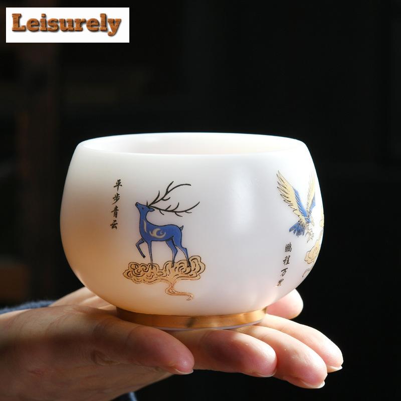 120ml Iced Sheep Fat Jade Porcelain Tea Cup Gold Pattern Master Cup Meditation Cup Puer Tea Bowl Portable Kung Fu Teaware Gifts