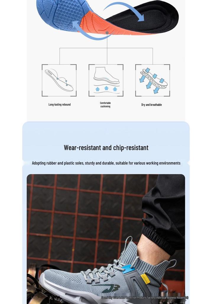 Flyknit Breathable Steel Toe Safety Shoes - Lightweight, Shock-Absorbing, Anti-Slip, Anti-Smash, and Wear-Resistant for Construction Work.