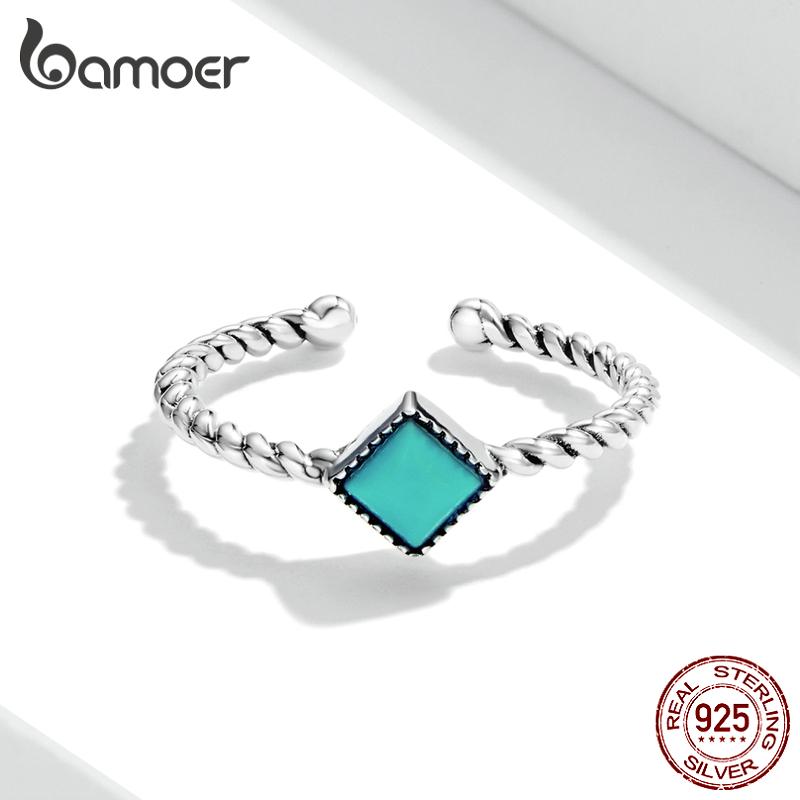 BAMOER 925 Sterling Silver Delicate Turquoise Twist Pattern Adjustable Ring for Women Fine Jewelry