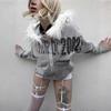 Street Letter Bestickte Kapuzenpullover mit Pelzkragen für Damen Neu Herbst Winter Baggy Lässig Vielseitig Reißverschluss Strickjacke Sweatshirts