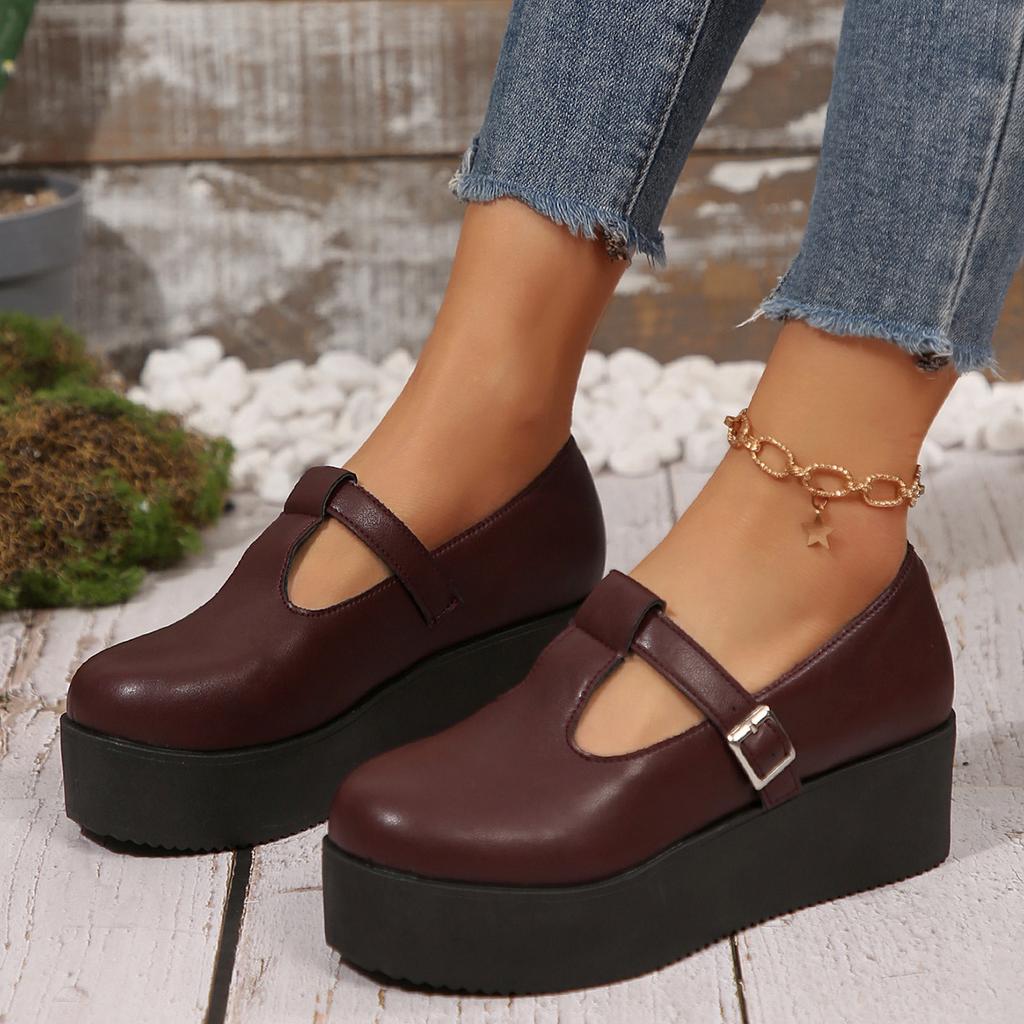 Fashion Women's round-toed sloping heel soft-soled leather shoes, spring and autumn thick-soled sponge cake shallow single shoes