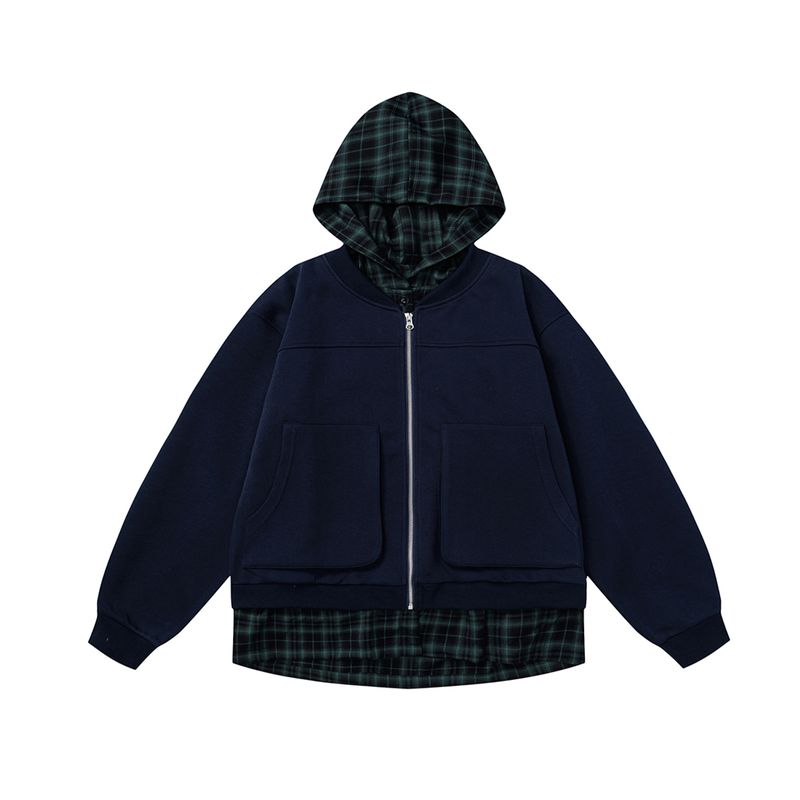 

Acrardic Trendy Brand Plaid Patchwork Fake Two-Piece Hooded Sweatshirt, Lazy Style American Cool Casual Cardigan Jacket Navy blue XL