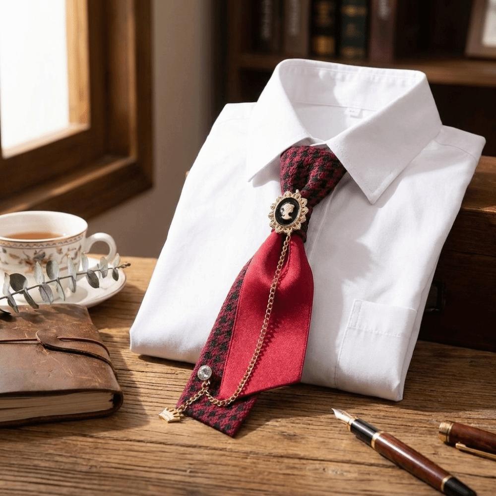 Oval Plaid Bow Tie Rhinestone Chain Decorative Neck Tie Preppy Necktie British Academy Style
