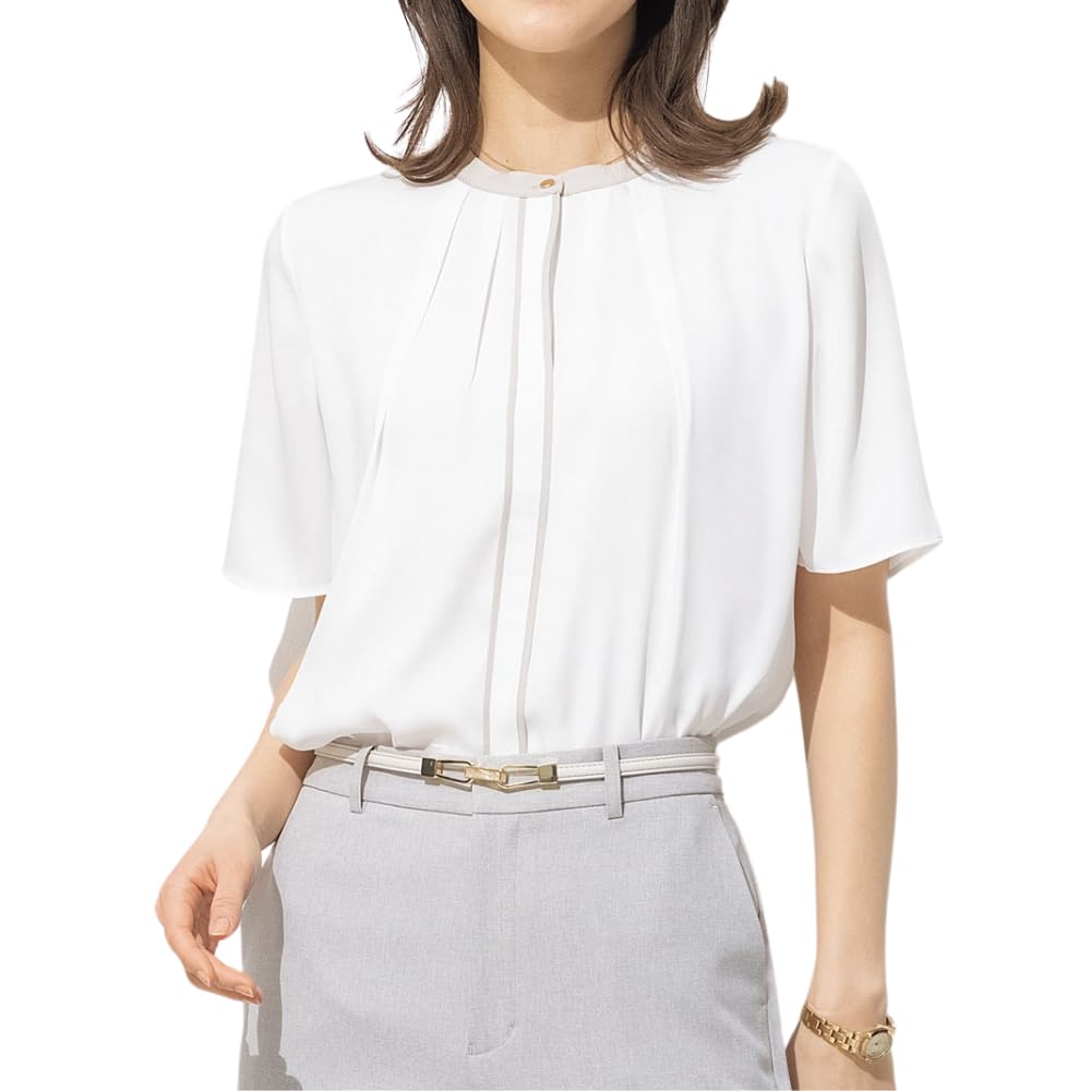 

цветовая гамма прохладная на выбор для блузки с воротником [Aoki] Блузка с коротким рукавом, дизайн, на ощупь, стираемая, дизайн, трикотаж, для работы, офис,