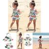 Charming 2pcs Girls Ruffle Floral Bikinis Set Featuring Adorable Flamingo Design