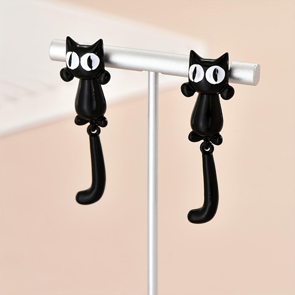 Cute Unique Cartoon Big Eye Cat Earrings Girls Sweet Heart Student Travel Wear Metal Drop Dangle Earrings Fashion Trendy Jewelry