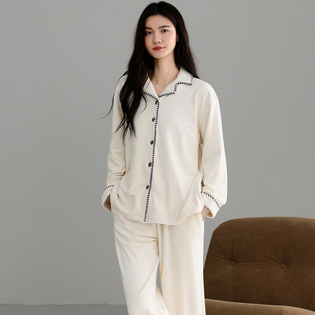 Island Fleece Pajamas Women'S Autumn And Winter Winter Thin Fleece Cardigan Long-Sleeved Lapel Coral Fleece Warm Loungewear Set