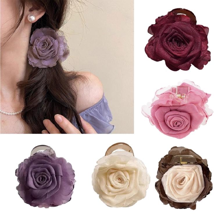 Contemporary Camellia Design Hair Claw Clip Practical Strong Grip Hairpin With Tulle Flower Embellishment