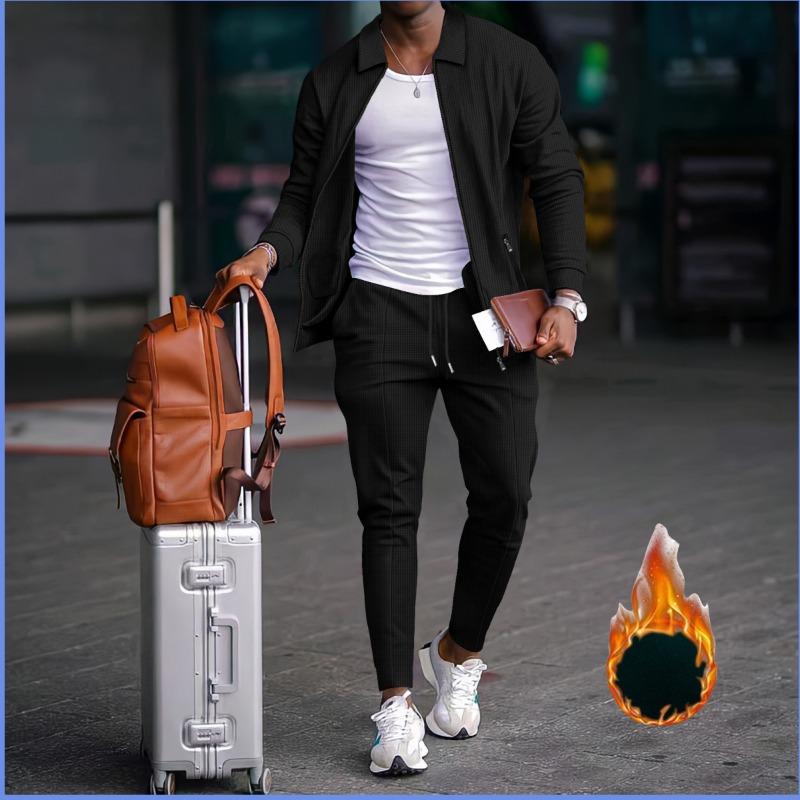 Men Thickened Waffle Turn Down Collar Long Sleeve Jacket And Pants Casual Two Piece Set