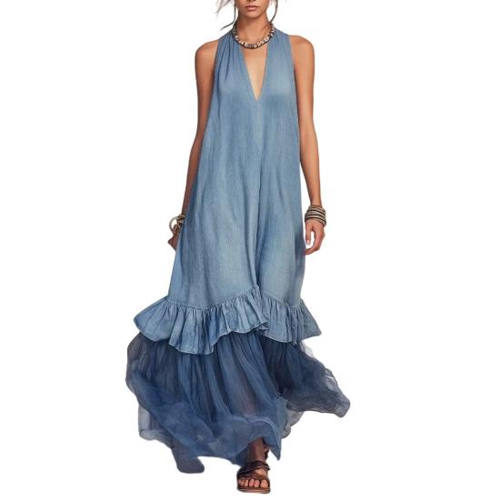 Summer Sleeveless Maxi Dress for Women, Deep V Neck Mesh Patchwork Long Dress, A-line Ruffle Flowy Beach Sundress