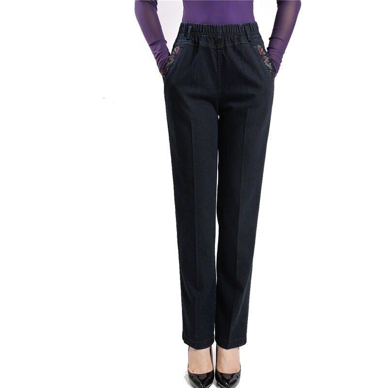 

Брюки для женщин среднего и пожилого возраста GMXIA, весенне-летние джинсы для мам, эластичные больших размеров, с высокой посадкой, свободные брюки-шаровары прямого кроя XXXXXL чёрный