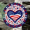2D Flat, 1pc Round Patriotic Aluminum Hanging Sign, USA Flag Heart with Red White Blue Stars Design, Weatherproof Metal Wall Decor, Perfect for 4th