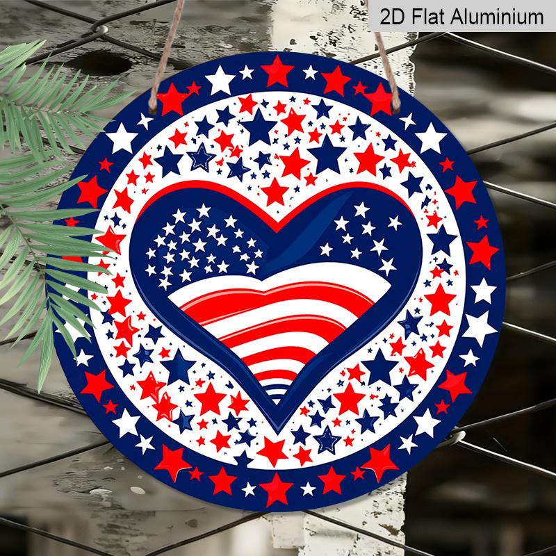 2D Flat, 1pc Round Patriotic Aluminum Hanging Sign, USA Flag Heart with Red White Blue Stars Design, Weatherproof Metal Wall Decor, Perfect for 4th