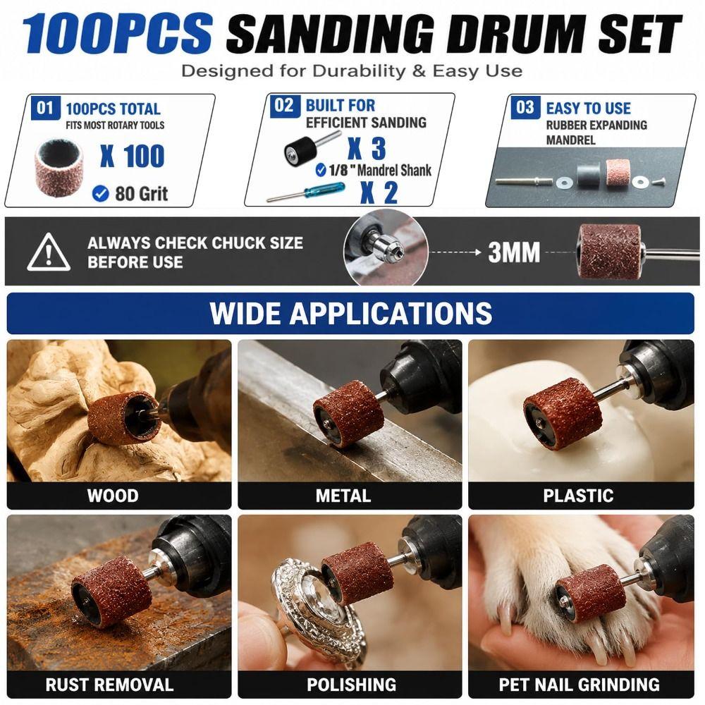 100pcs Multi-Purpose Sanding Drum Set 80 Grit 1/8inch Rotary Tool Sander Rotary Tool Accessories
