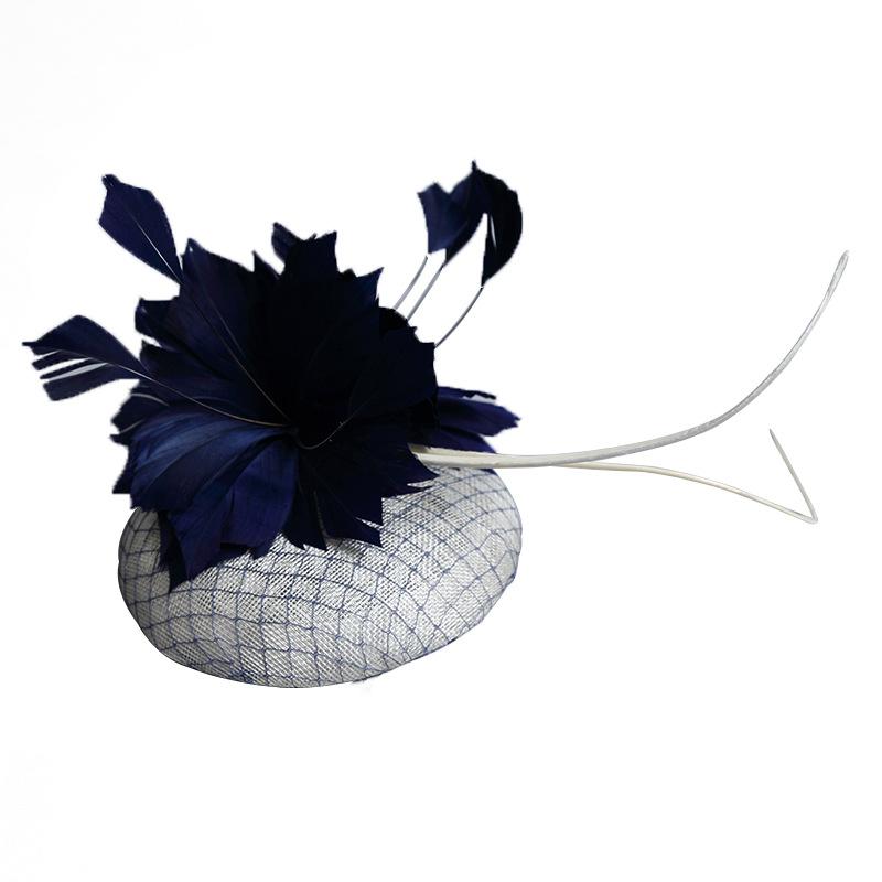 

Popular European And American Navy Blue Hemp Gauze Hat Banquet Red Feather Top Hat Ball Mesh Headgear