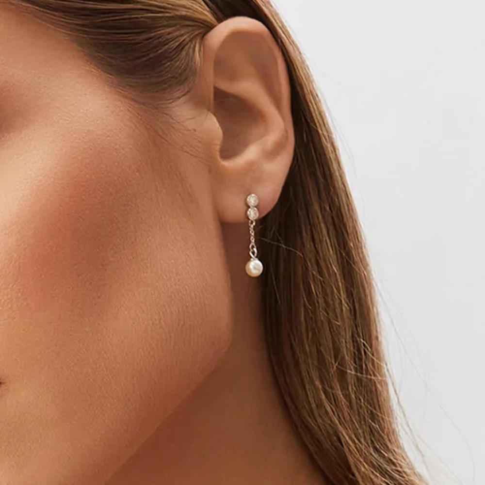 Fashion 925 Sterling Silver Small Zircon Tassel Chain Dangling Pearls Gold Plated Stud Earring Jewelry for Women