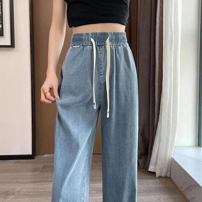 2025 Women's Summer Tencel Denim Pants - Thin Elastic Waist, High-Waist, Wide-Leg, Straight, Casual Ice Silk Drape.