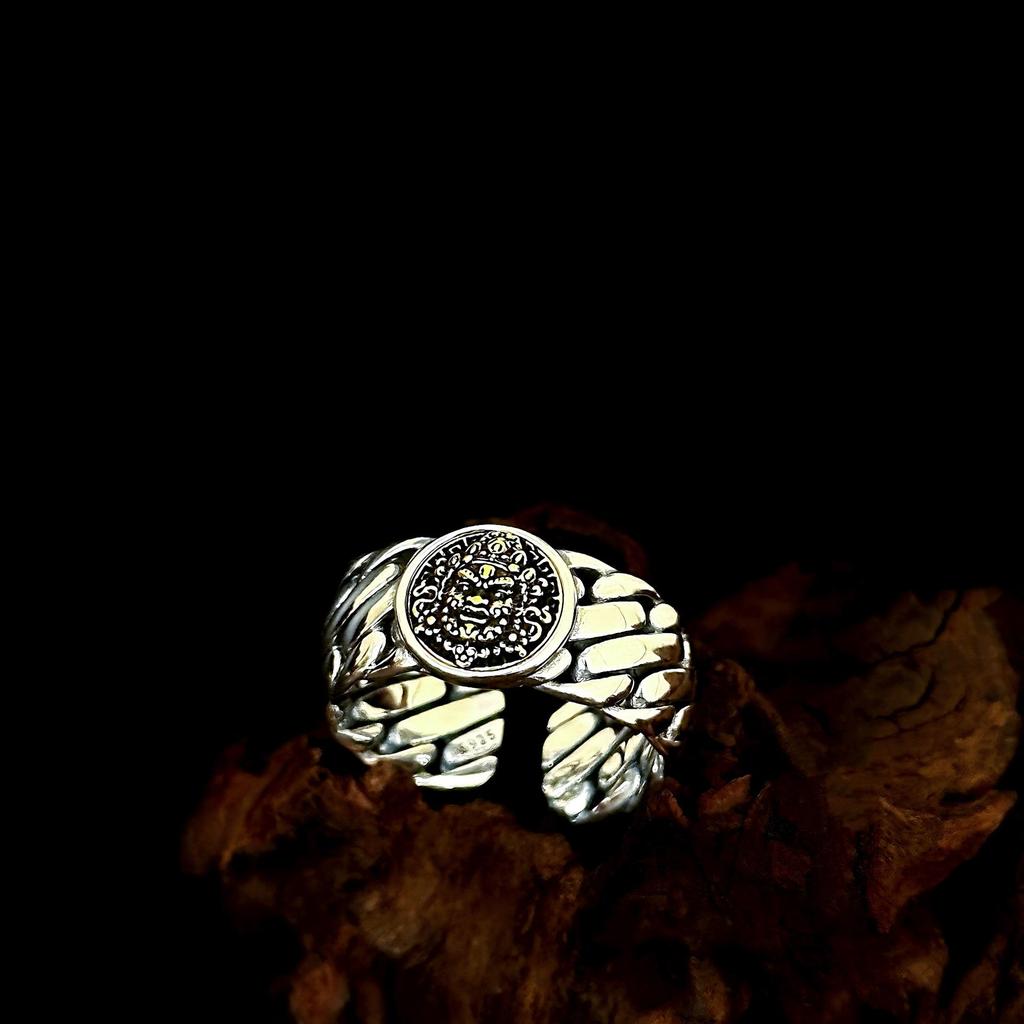 S925 Sterling Silver Yellow Wealth God Woven Open Ring – Unisex Versatile Wide Band