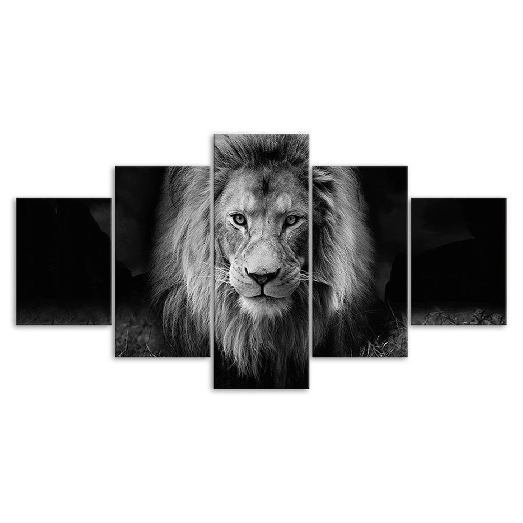 Lion Wild Animal Black and White Scene 5 Piece Five Panel Wall Canvas Print Modern Art Poster Picture Home Decor Gift For Him For Her