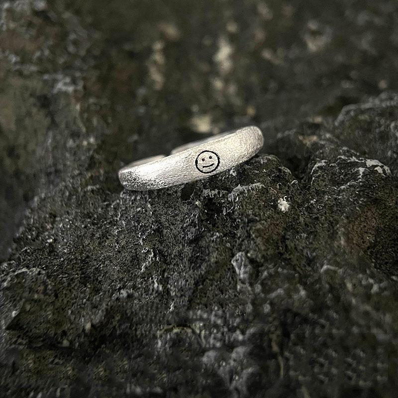 Brushed Smiley Face Ring Trendy Temperament Unique Feeling Smiling Index Finger Opening Index Finger Ring Bright Silver Ring