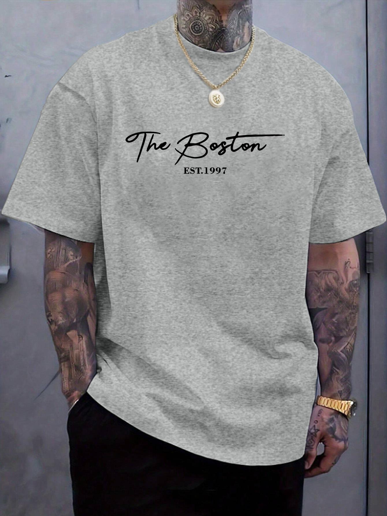 Men S New Stylish Boston Casual Short-Sleeve Shirt with Unique Letter Prints XS