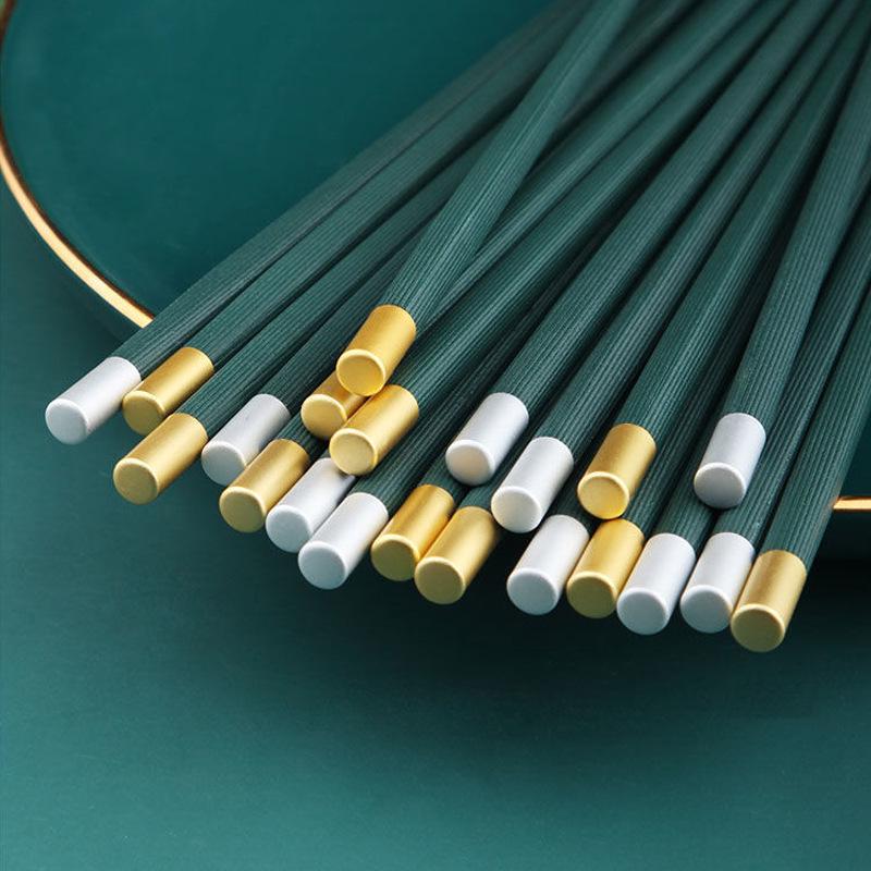 Luxurious Morandi Dark Green Non-Slip Porcelain Chopsticks for Home and Hotel Use, Mildew-Proof and Stylish Alloy Handles.