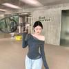 Lace Splicing Off-Shoulder Long Sleeve Knitted T-Shirt Women's Spring and Autumn Slim Fit Pleated Inside Sweet Spice Girl Bottom Shirt Top