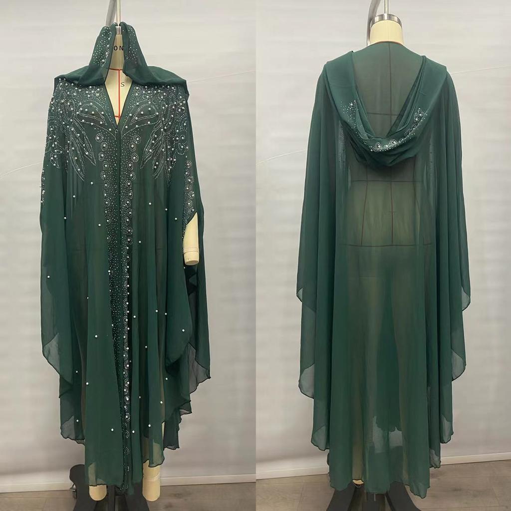 Womne Muslim Dress Embroidered Beads Abaya Dress Muslimah Hooded Robe Chiffon Kaftan Long Dress Middle East Africa Plus Size Maxi Dress