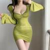 Spring and Autumn New Pure Desire Spice Girls Sexy Low Neck Open Chest Flared Sleeve Slim Long Sleeve Hip Wrap Dress Women
