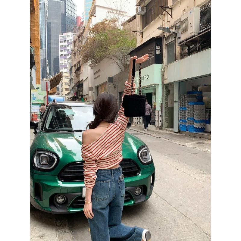 Women's South Korean Chic Stripe Fit Off-the-Shoulder Long Sleeves Shirt Slim Slimming Inner Wear Bottoming Shirt Retro Lady