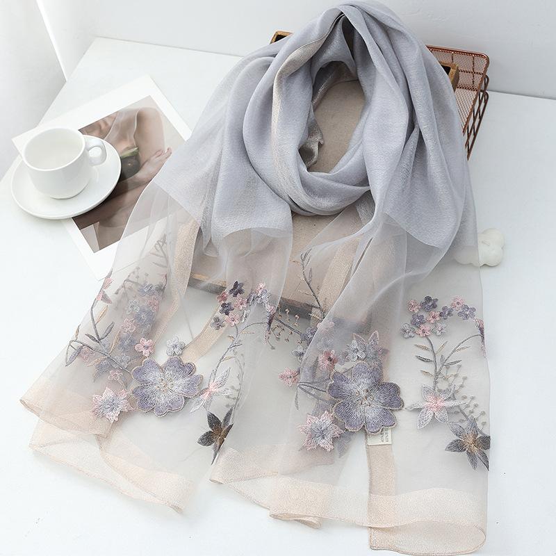 Four Season silk wool scarf women hijab pashmina shawls wrap Bandana Blanket Floral Pashmina Embroidery Scarves Foulard Fashion