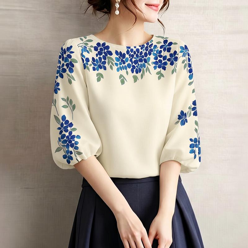 ZANZEA Women Casual Round Neck Floral Print Loose 3/4 Sleeve Blouse M абрикосовый