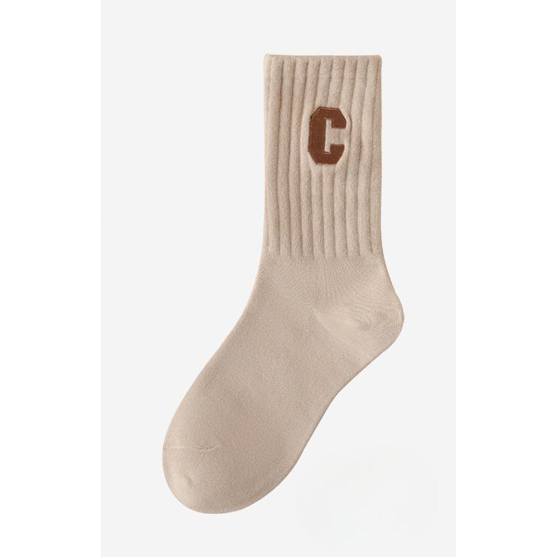 Women's Spring and Autumn Mid-calf Socks, Sweat-absorbing C-letter Color Socks, Embroidered Women's Socks, Long Cotton Socks