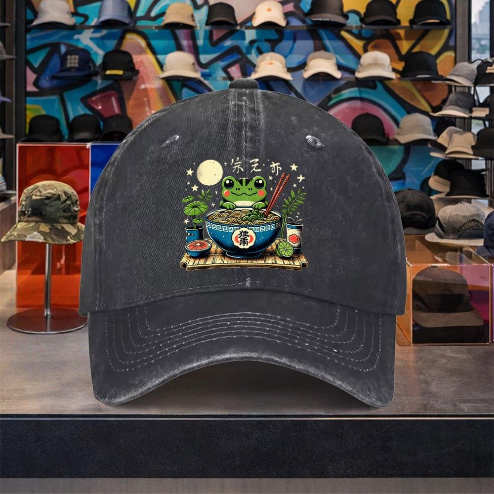 Frog Ramen Graphic Washed Denim Baseball Cap Adjustable Cotton Outdoor Casual Street Hat