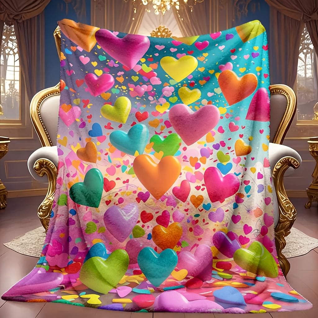 A Cozy Fleece Blanket with a Heart Theme Pattern, Featuring Soft High-Definition Digital Printing And Colorful Heart Shapes. It'S a Suitable Gift for
