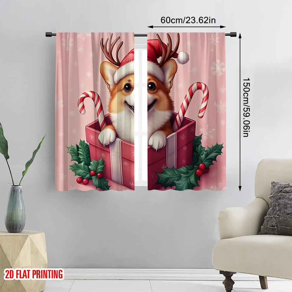 2pcs  2D plane printing Pattern Curtains Christmas Corgi Gift Festive Dog (2) Polyester Easy Install (without rod) Versatile All