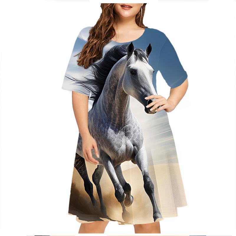 Grassland Running Animals Horse Dresses For Women Clothes Oversized Summer Casual Short Sleeve Print Dress Loose Plus Size Dress