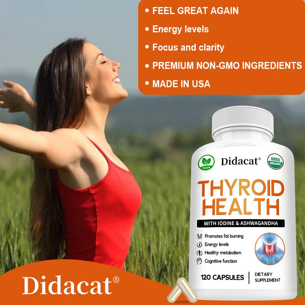 Didacat Thyroid Health Supplement with Iodine & Ashwagandha, 120 Capsules Energy and Metabolism Support