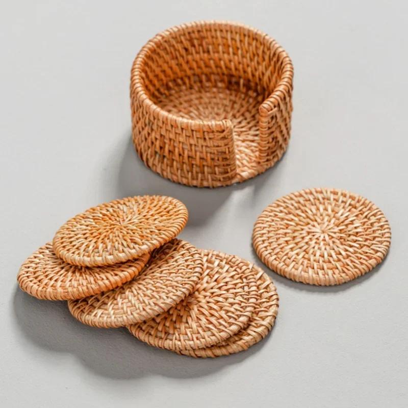 Drink Coasters Set Round Tableware Placemat Dish Mat Bowl Pad Heat Resistant Rattan Weave Cup Mat Kitchen Decoration Accessories