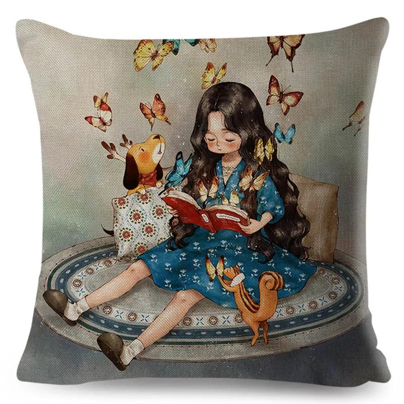 Colorful Cute Cartoon Girl and Pet Dog Fairy Tale World Pillowcase Decor for Sofa Home Pillow Case Polyester Cushion Cover