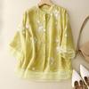 Summer Solid Cotton Linen Shirt For Ladies Women'S Five Point Sleeve Embroidery Loose Literary Vintage Woman Clothing