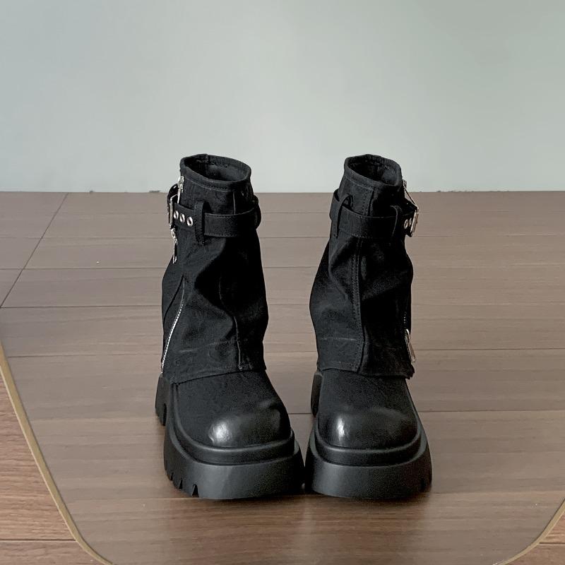 Vintage Platform Hoogteverhoging Dames Pijp Enkel Korte Laarzen Herfst Winter Dames Dikke Hak Ridderlaarzen botines para mujeres