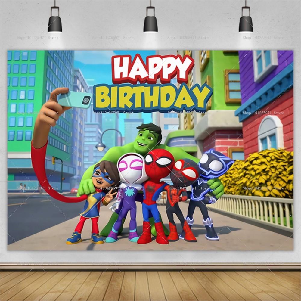 Sfondo Carino a Tema Spidey e i Suoi Fantastici Amici Buon Compleanno Supereroe Bambini Sfondo per Foto Banner Decorazione Festa del Bambino Oggetto di Scena