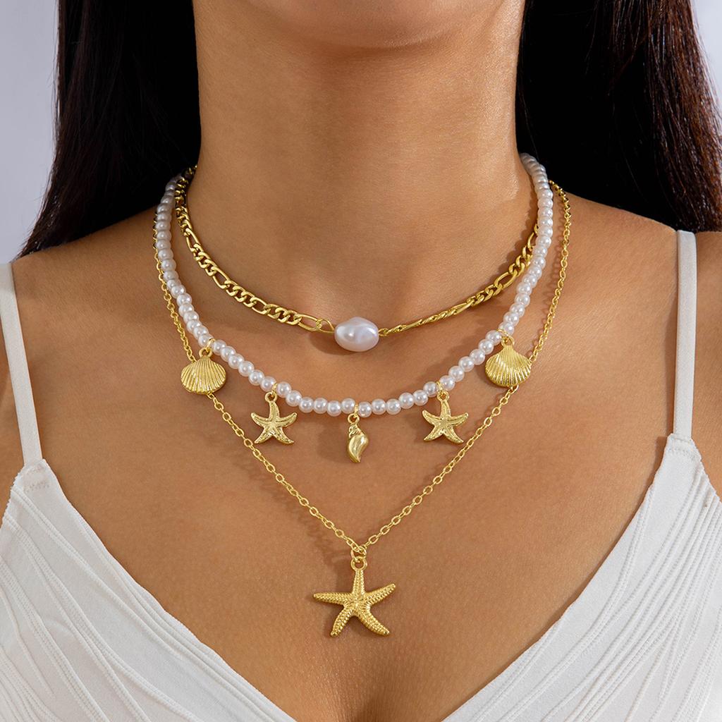 Beaded Necklace Beach Imitation Pearl Necklace Starfish Shell Retro Vacation Niche Multi-layer Necklace Women