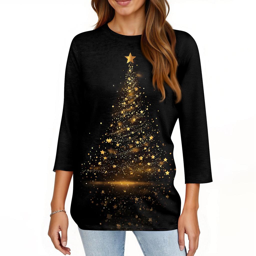 Women's Fashionable Casual Three Quarter Sleeve Christmas Printed Collar Pullover Top